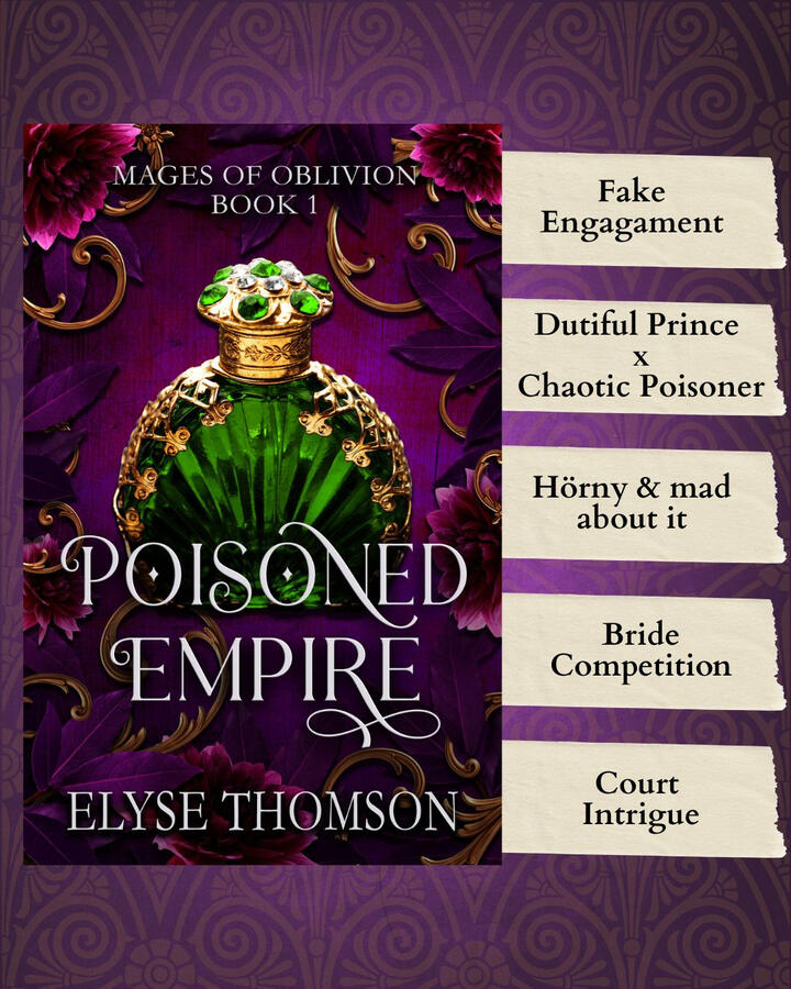 Cover for Poisoned Empire on purple background with tropes listed beside it