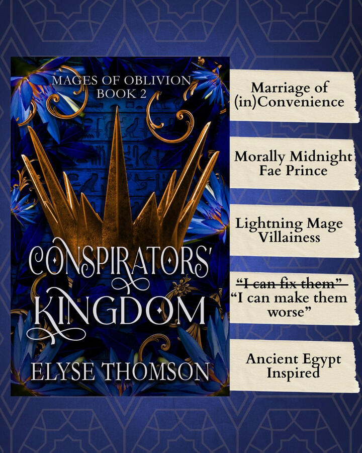 Conspirators' Kingdom ebook cover beside a list of tropes on a blue background