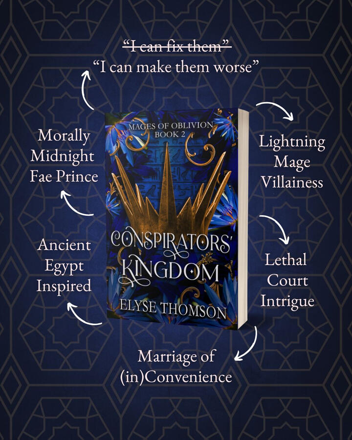 Conspirators' Kingdom trope map Conspirators' Kingdom paperback mock-up surrounded by tropes on a blue background