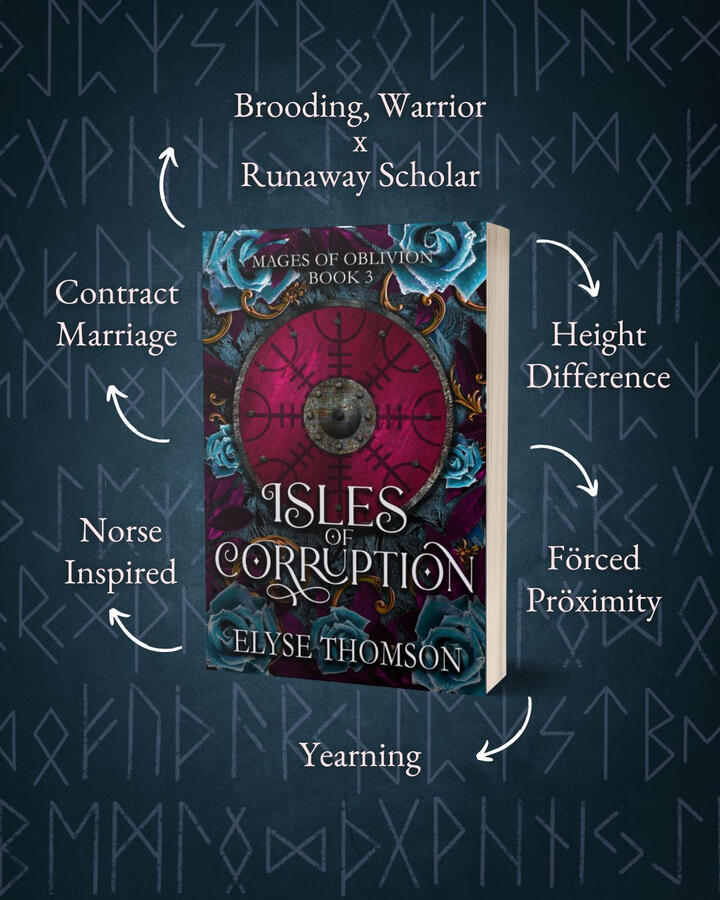 Isles of Corruption paperback mock-up on a light blue background surrounded by tropes