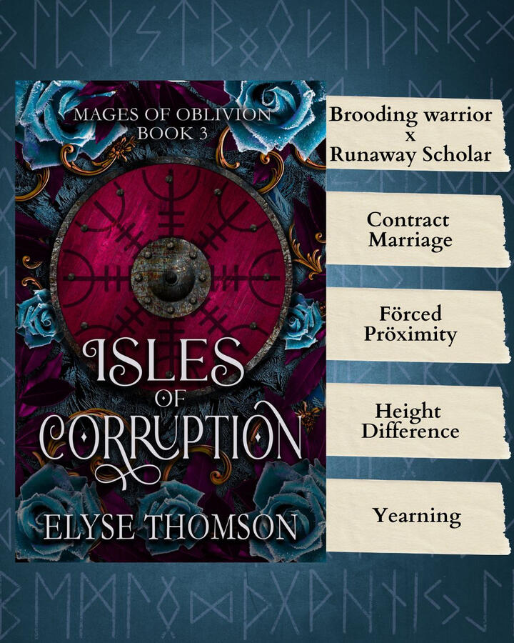 Isles of Corruption trope board Isles of Corruption ebook cover beside a list of tropes on a light blue background