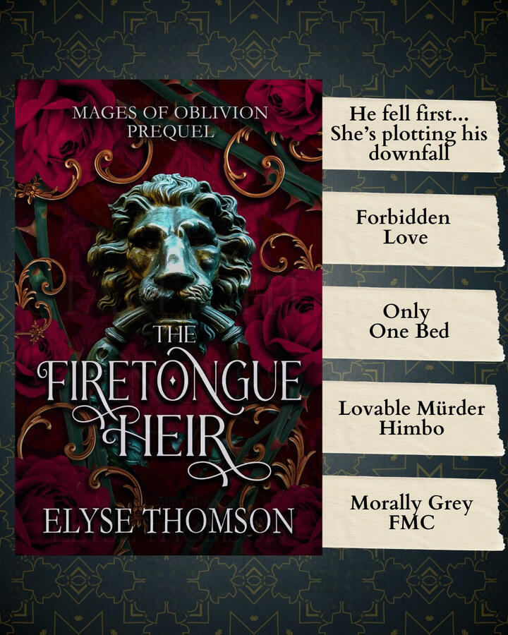 The Firetongue Heir trope board The Firetongue Heir ebook cover beside a list of tropes on a grey background