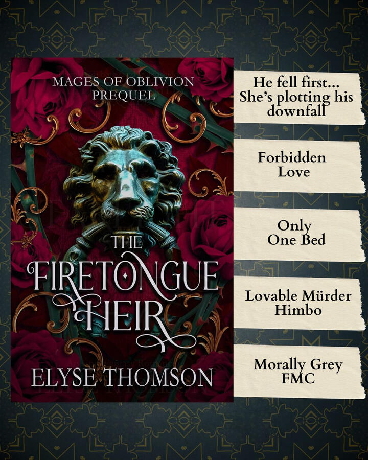 The Firetongue Heir trope board The Firetongue Heir ebook cover beside a list of tropes on a grey background