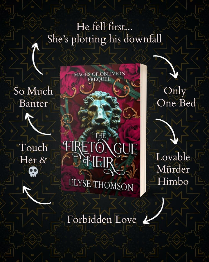 The Firetongue Heir papeback mock-up on a black background, surrounded by tropes